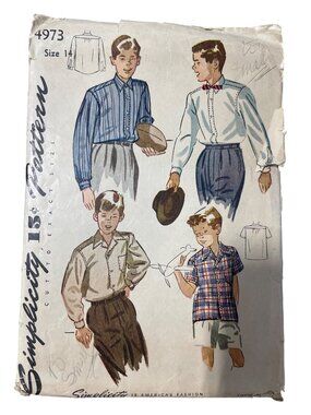 Vintage 40s Simplicity 4973 Sewing Pattern Size 14 Boys Shirt Collectible CUT
